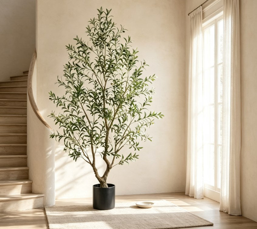 7.2-Ft Artificial Olive Tree with Lifelike Leaves and Black Fruits, UV-Resistant Faux Olive Plant for Indoor and Outdoor Landscaping