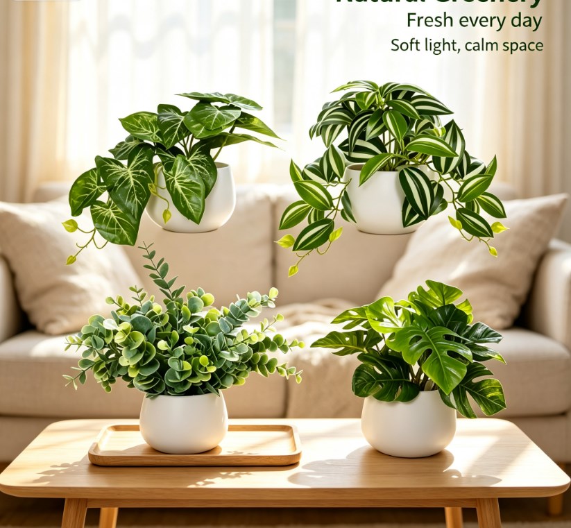Lifelike Faux Potted Plants Set of 4 - Fresh Indoor Greenery